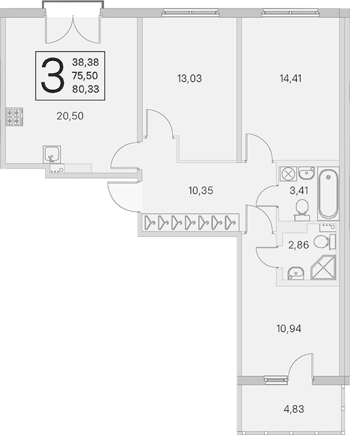 3-комнатная квартира 75.5 м², 3/4 эт., ЖК «Любоград в Стрельне»